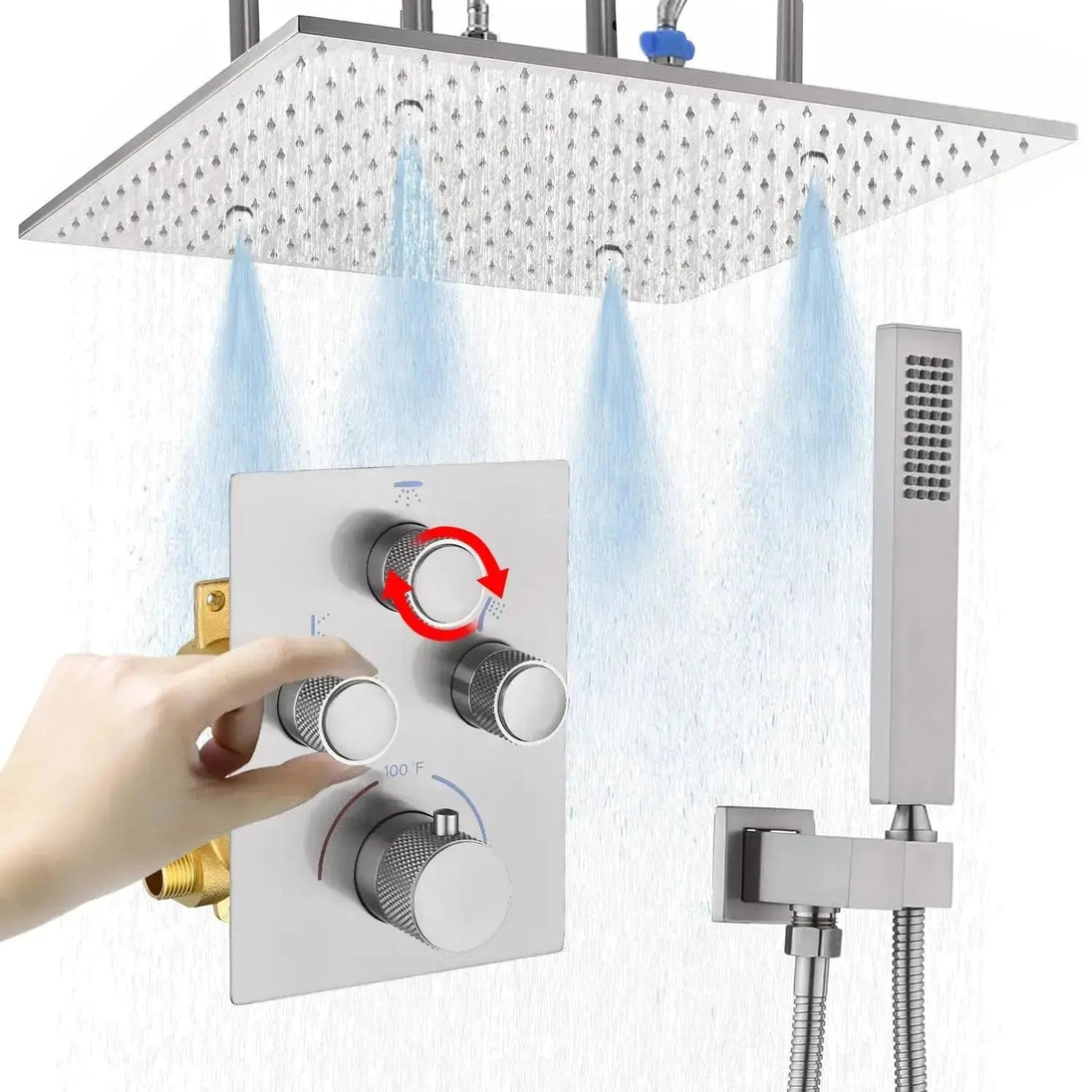 40cm Brushed Nickel Rain & Fog Shower System – Thermostatic Valve + Handheld Spray - Concealed Rain Shower SystemBathroomLux
