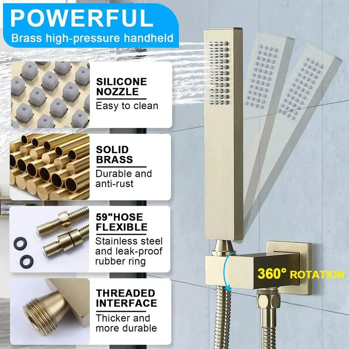 40cm Brushed Nickel Rain & Fog Shower System – Thermostatic Valve + Handheld Spray - Concealed Rain Shower SystemBathroomLux