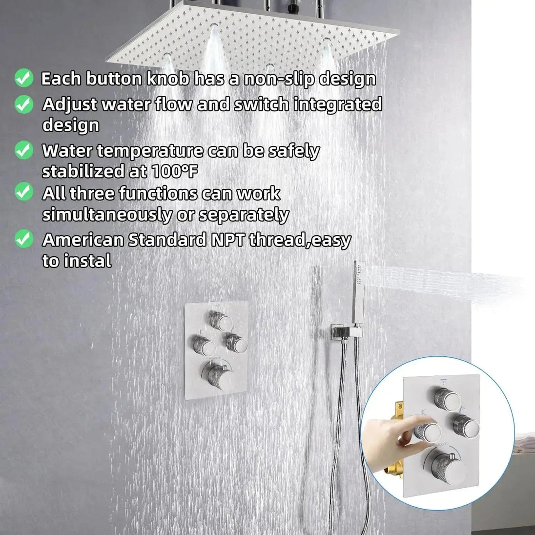 40cm Brushed Nickel Rain & Fog Shower System – Thermostatic Valve + Handheld Spray - Concealed Rain Shower SystemBathroomLux