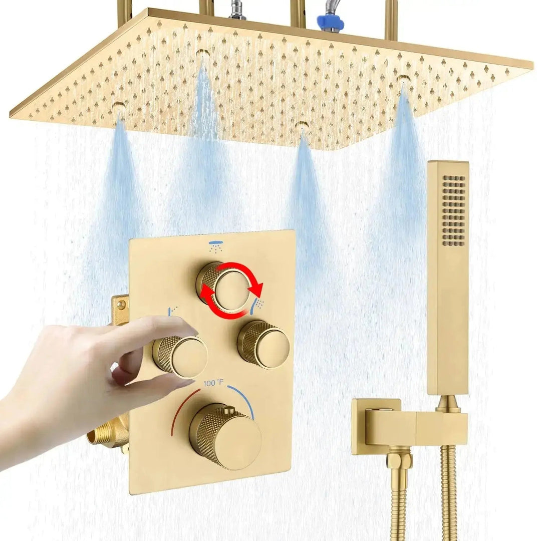 40cm Brushed Nickel Rain & Fog Shower System – Thermostatic Valve + Handheld Spray - Concealed Rain Shower SystemBathroomLux