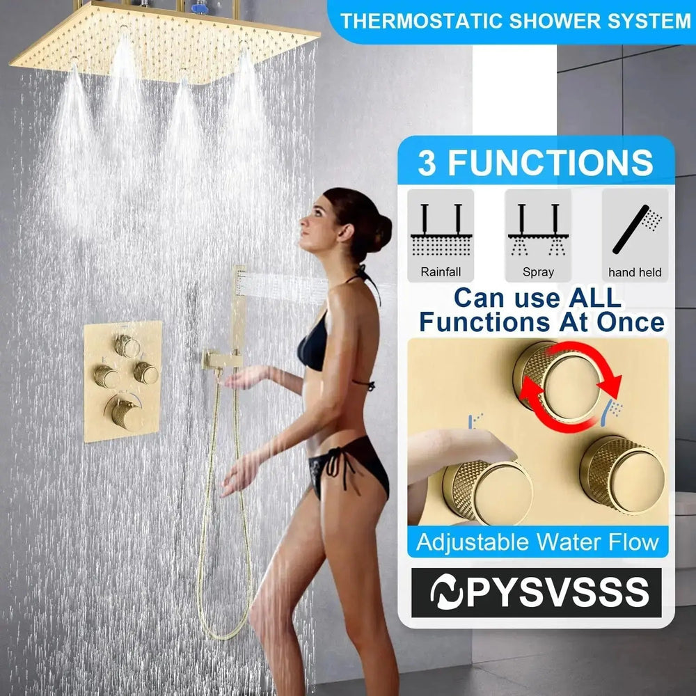 40cm Brushed Nickel Rain & Fog Shower System – Thermostatic Valve + Handheld Spray - Concealed Rain Shower SystemBathroomLux