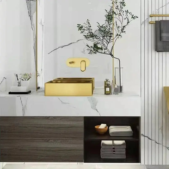 410mm Modern Luxury Square Shaped Bathroom Countertop Basin In Gold - Bathroom sinkBathroomLux