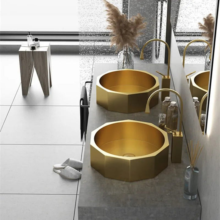 420mm Modern Luxury Polygon Shaped Stainless Steel Bathroom Countertop Basin In Gold - Bathroom sinkBathroomLux