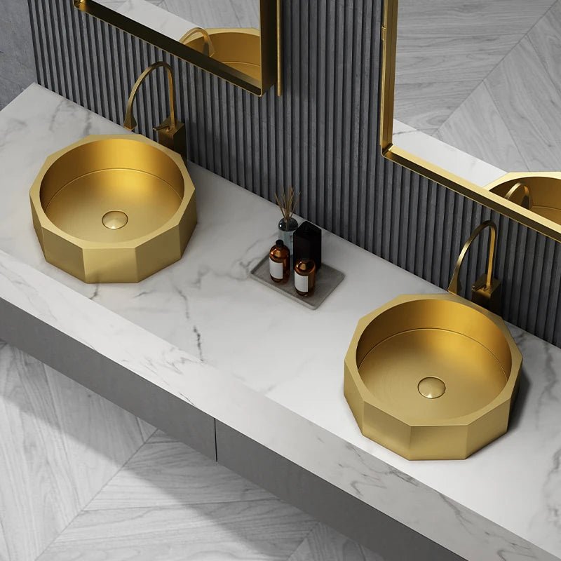 420mm Modern Luxury Polygon Shaped Stainless Steel Bathroom Countertop Basin In Gold - Bathroom sinkBathroomLux