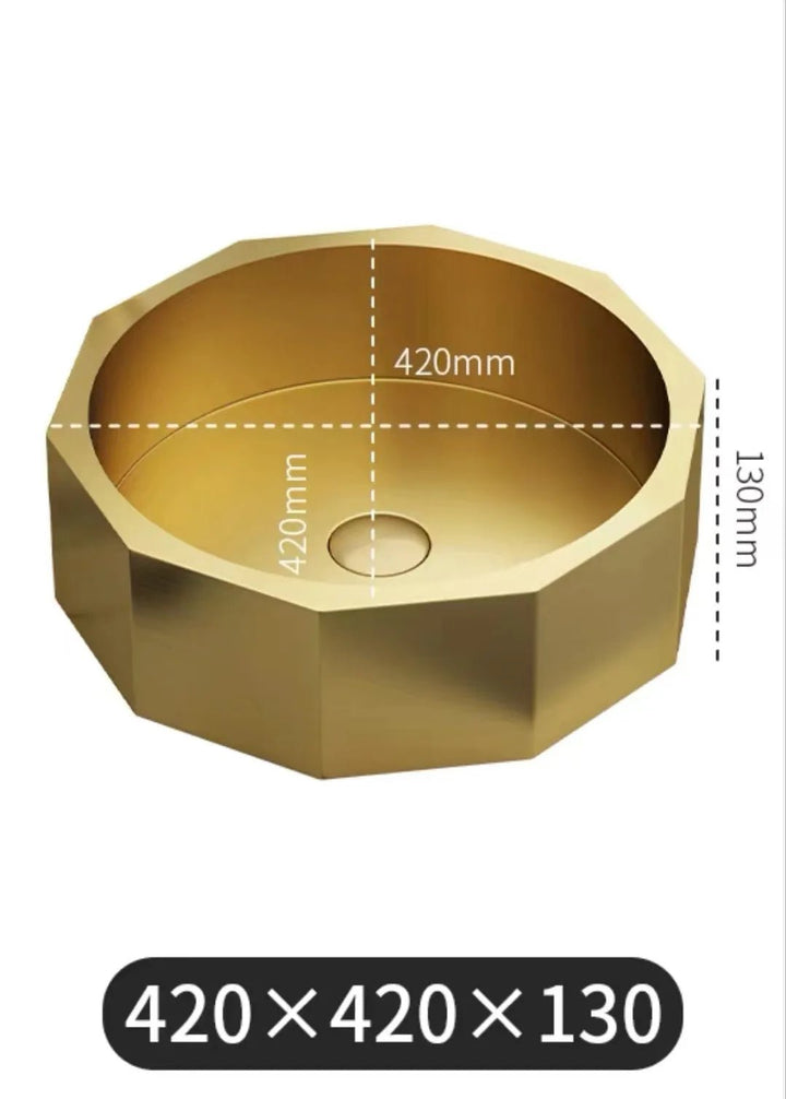 420mm Modern Luxury Polygon Shaped Stainless Steel Bathroom Countertop Basin In Gold - Bathroom sinkBathroomLux