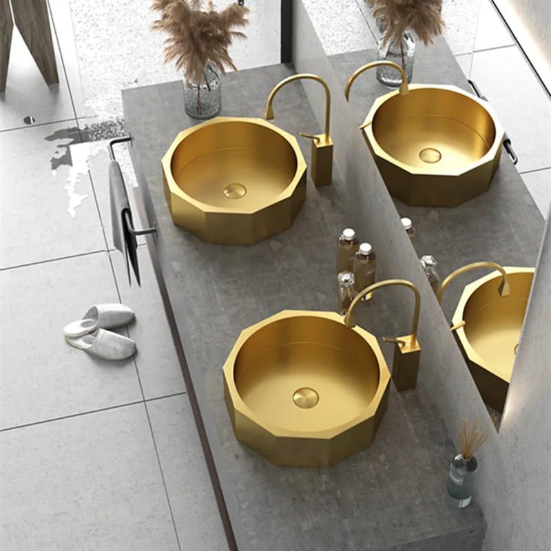 420mm Modern Luxury Polygon Shaped Stainless Steel Bathroom Countertop Basin In Gold - Bathroom sinkBathroomLux