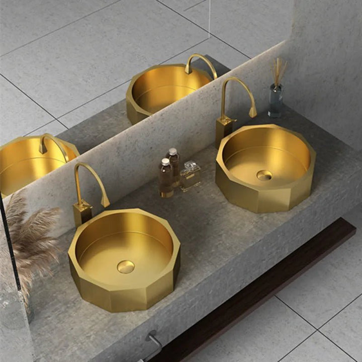 420mm Modern Luxury Polygon Shaped Stainless Steel Bathroom Countertop Basin In Gold - Bathroom sinkBathroomLux