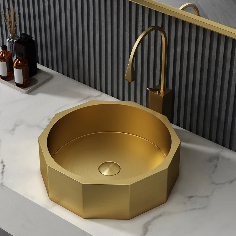 420mm Modern Luxury Polygon Shaped Stainless Steel Bathroom Countertop Basin In Gold - Bathroom sinkBathroomLux