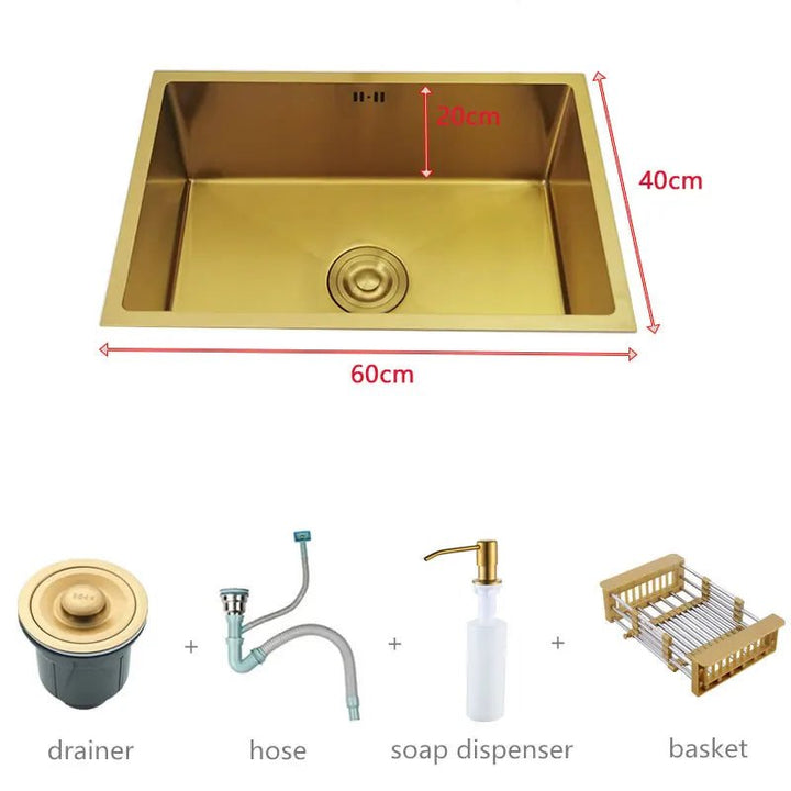 600mm Stainless Steel Kitchen Sink Rectangular Bowl In Gold - kitchen sinkBathroomLux