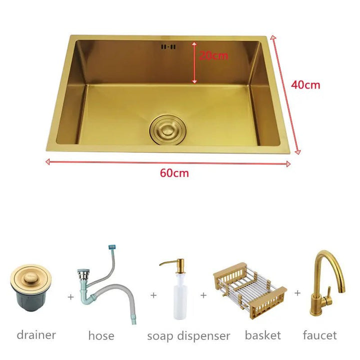 600mm Stainless Steel Kitchen Sink Rectangular Bowl In Gold - kitchen sinkBathroomLux