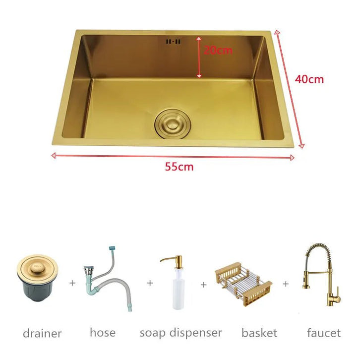 600mm Stainless Steel Kitchen Sink Rectangular Bowl In Gold - kitchen sinkBathroomLux