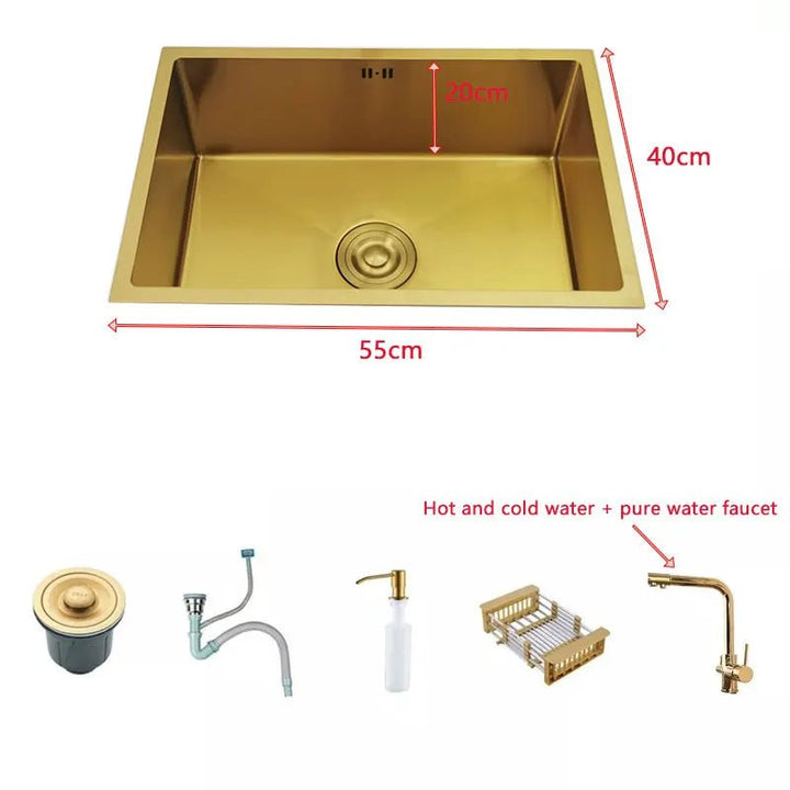 600mm Stainless Steel Kitchen Sink Rectangular Bowl In Gold - kitchen sinkBathroomLux