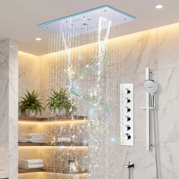 600x300mm LED Music Ceiling Shower Head Rainfall Thermostatic In Chrome - Thermostatic Rainfall Shower SystemBathroomLux