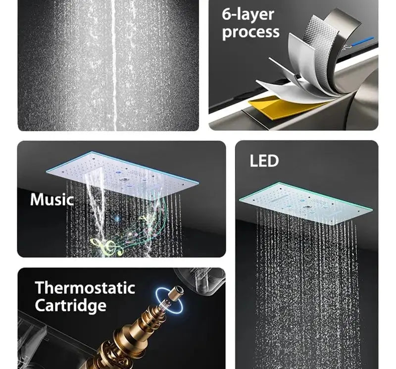 600x300mm LED Music Ceiling Shower Head Rainfall Thermostatic In Chrome - Thermostatic Rainfall Shower SystemBathroomLux