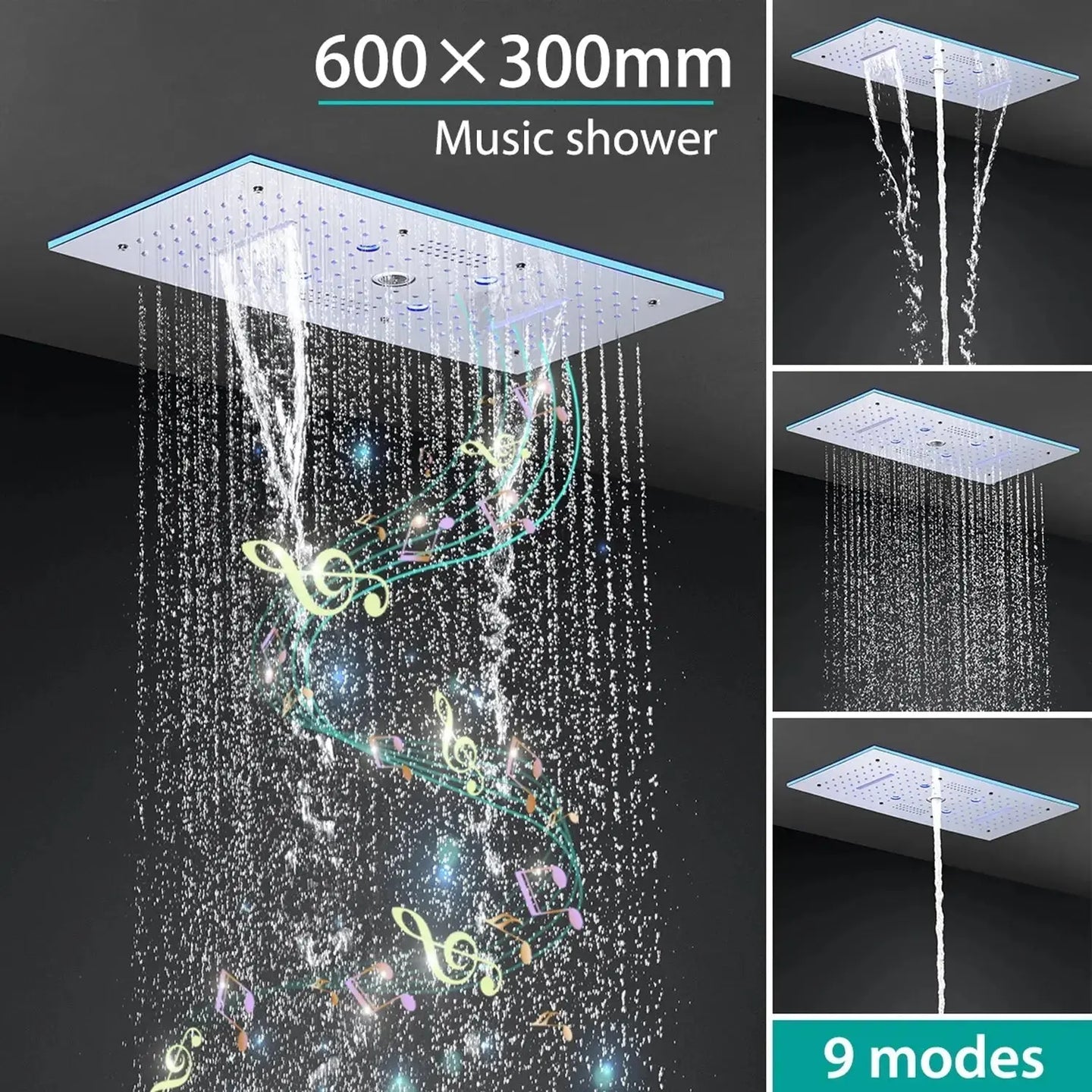600x300mm LED Music Ceiling Shower Head Rainfall Thermostatic In Chrome - Thermostatic Rainfall Shower SystemBathroomLux