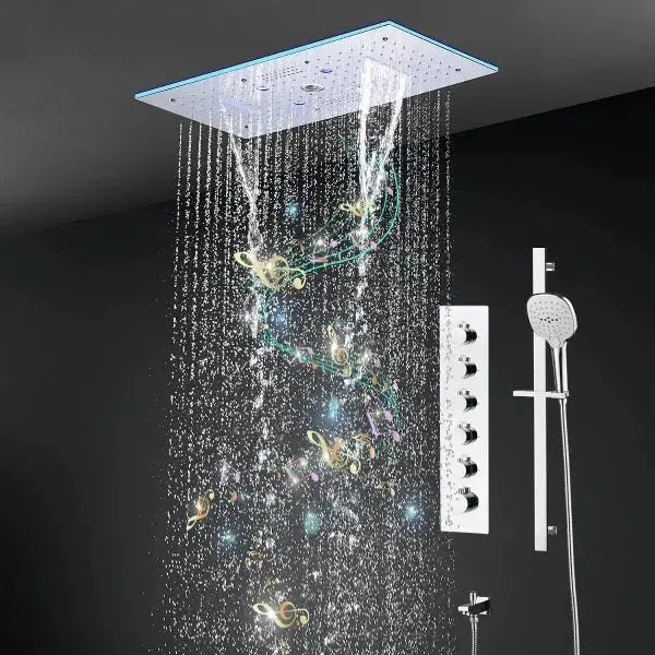 600x300mm LED Music Ceiling Shower Head Rainfall Thermostatic In Chrome - Thermostatic Rainfall Shower SystemBathroomLux