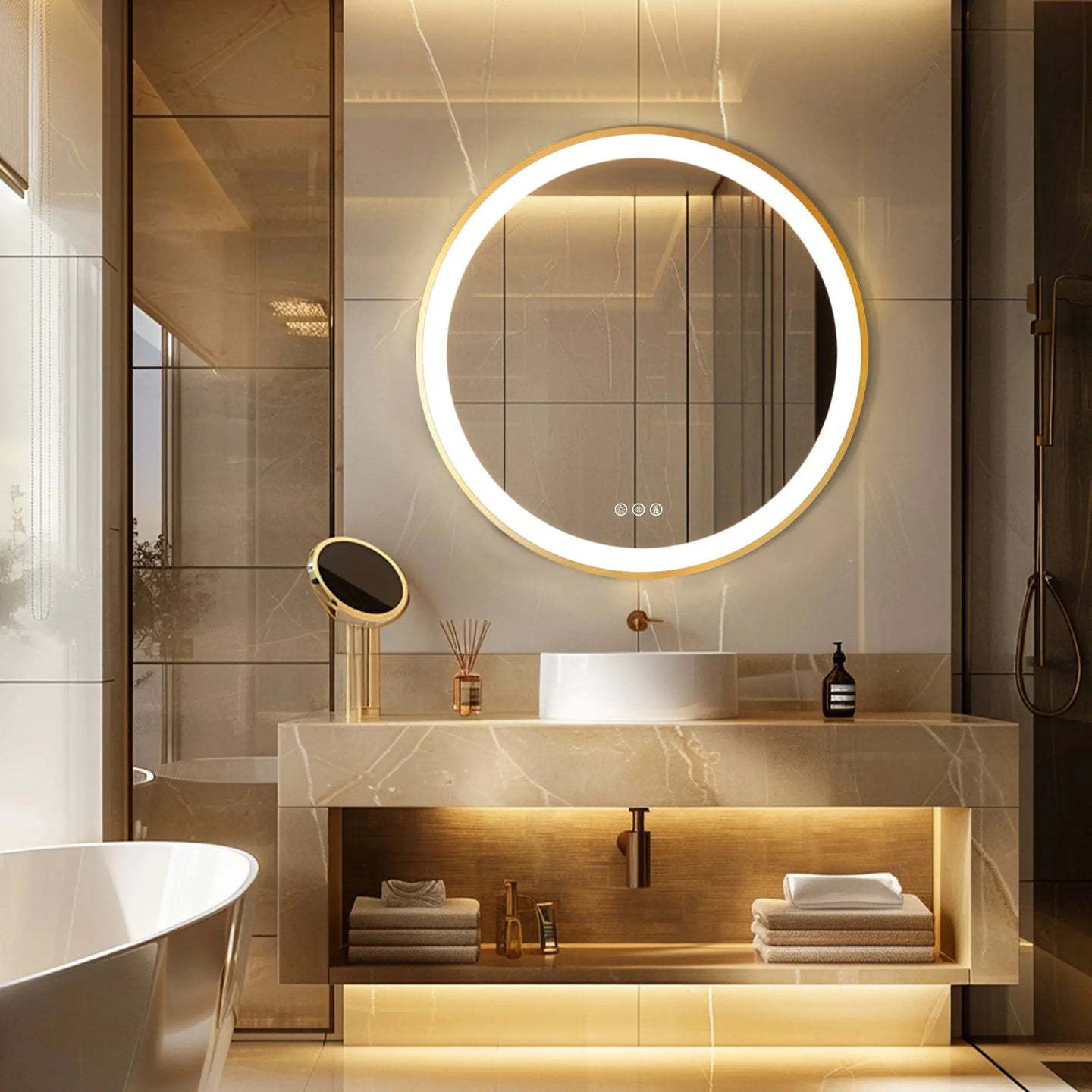 60cm Gold Round Bathroom Mirror Smart Touch Switch Three Color Anti - Fog - Bathroom Mirror Anti - FogBathroomLux