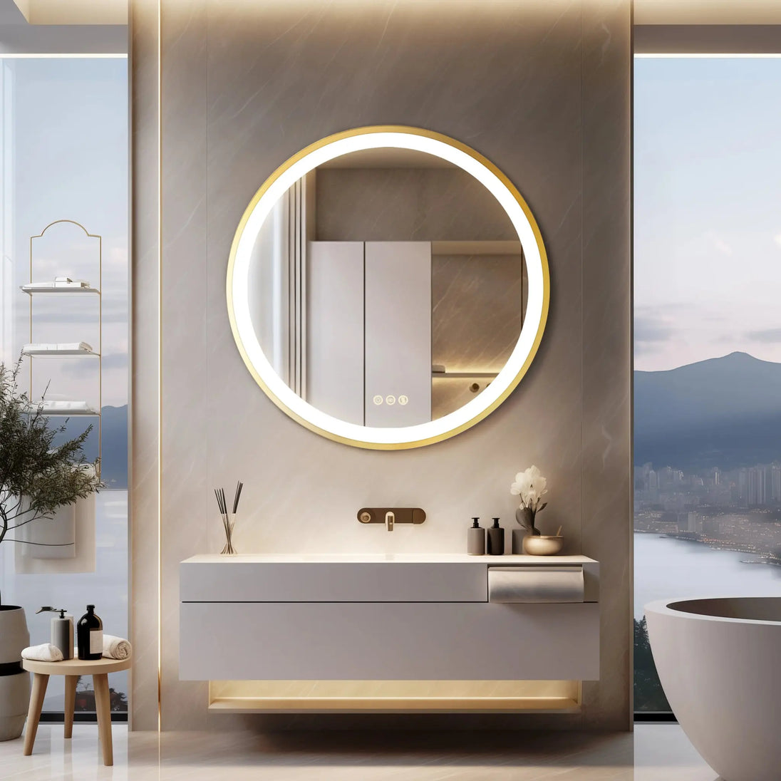 60cm Gold Round Bathroom Mirror Smart Touch Switch Three Color Anti - Fog - Bathroom Mirror Anti - FogBathroomLux