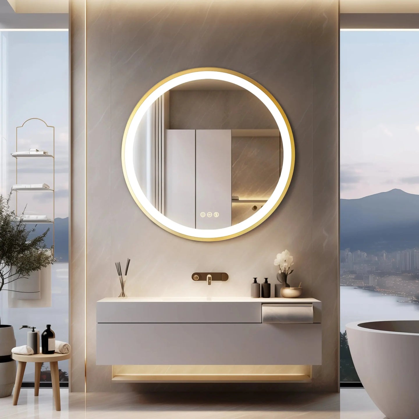 60cm Gold Round Bathroom Mirror Smart Touch Switch Three Color Anti - Fog - Bathroom Mirror Anti - FogBathroomLux