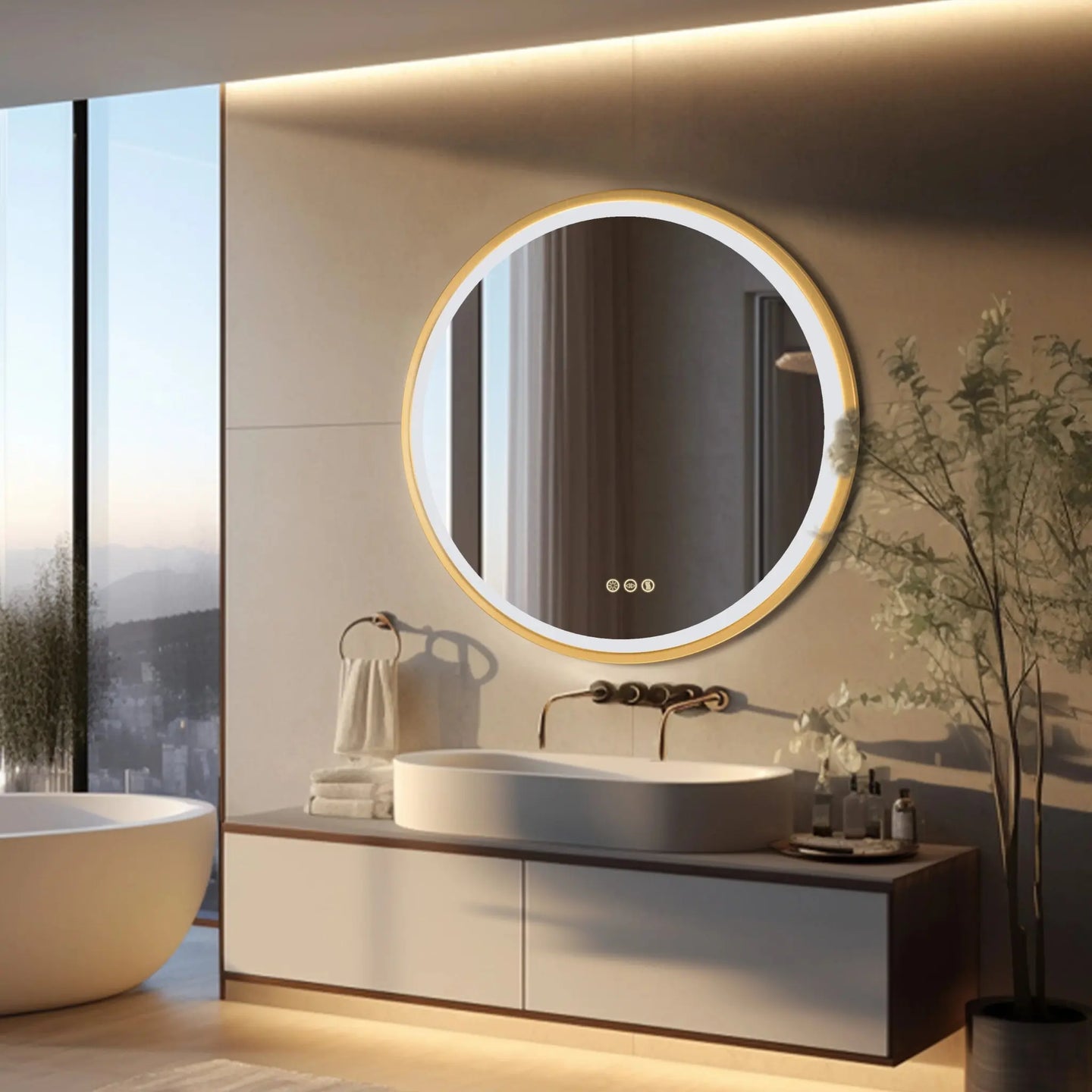 60cm Gold Round Bathroom Mirror Smart Touch Switch Three Color Anti - Fog - Bathroom Mirror Anti - FogBathroomLux