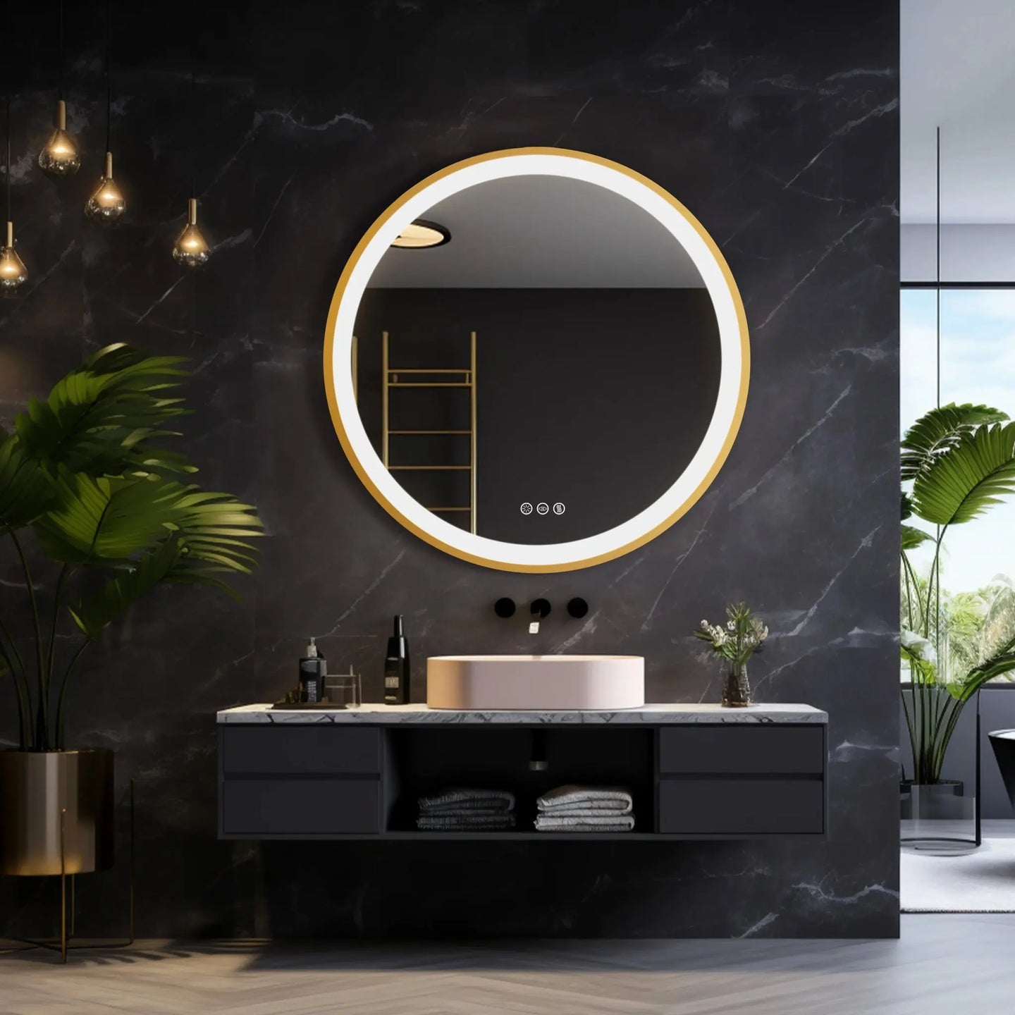 60cm Gold Round Bathroom Mirror Smart Touch Switch Three Color Anti - Fog - Bathroom Mirror Anti - FogBathroomLux