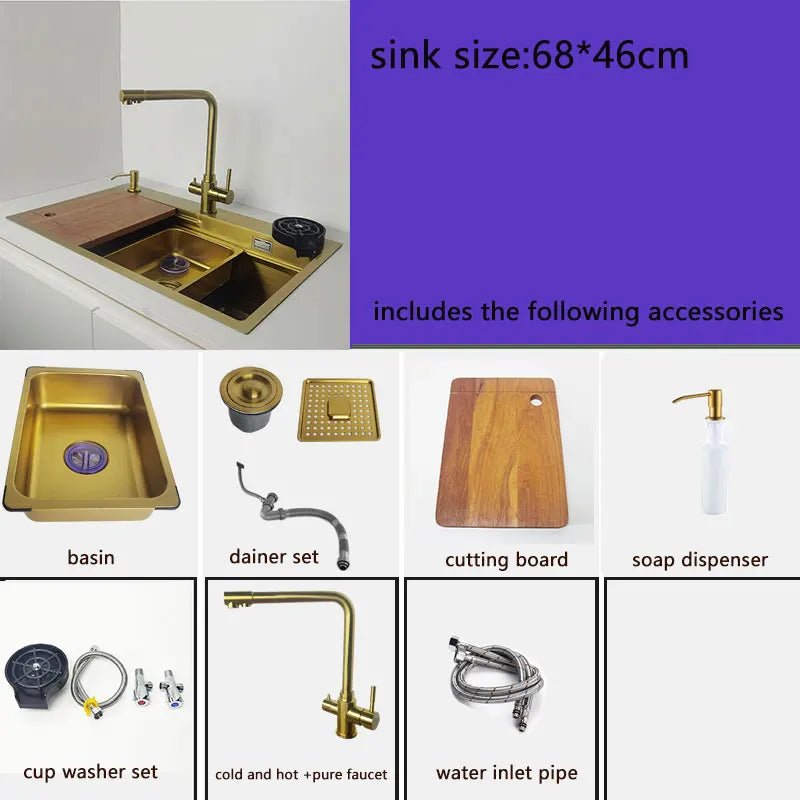 750mm Nano Kitchen Sink 304 Stainless Steel Single Bowl Wash Basin In Gold - Kitcen faucetBathroomLux