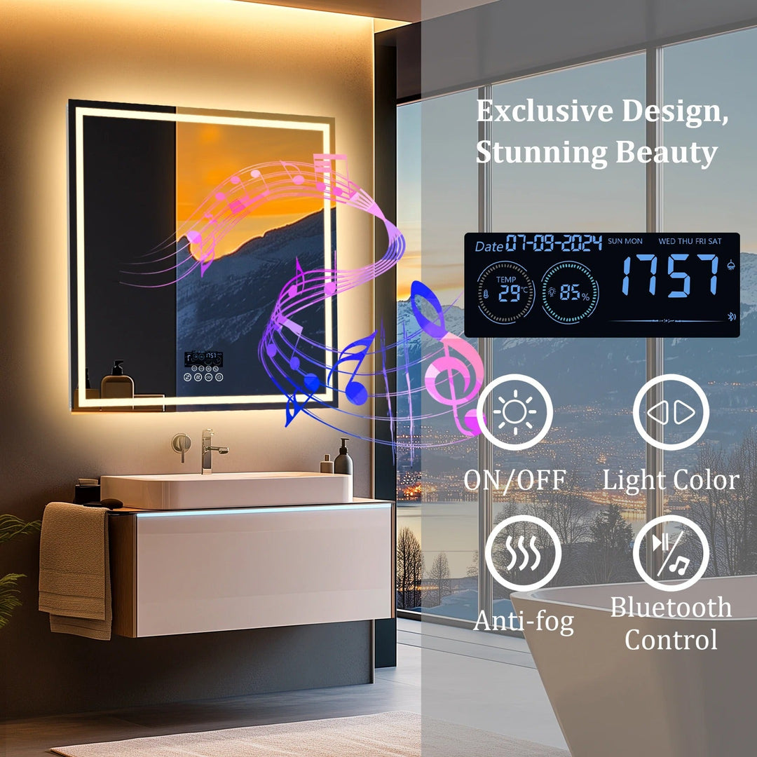 80cm Bathroom Mirror Square Lighted Bluetooth Speaker Dimmable Wall Temperature Time Display - Bathroom Mirror Anti - FogBathroomLux