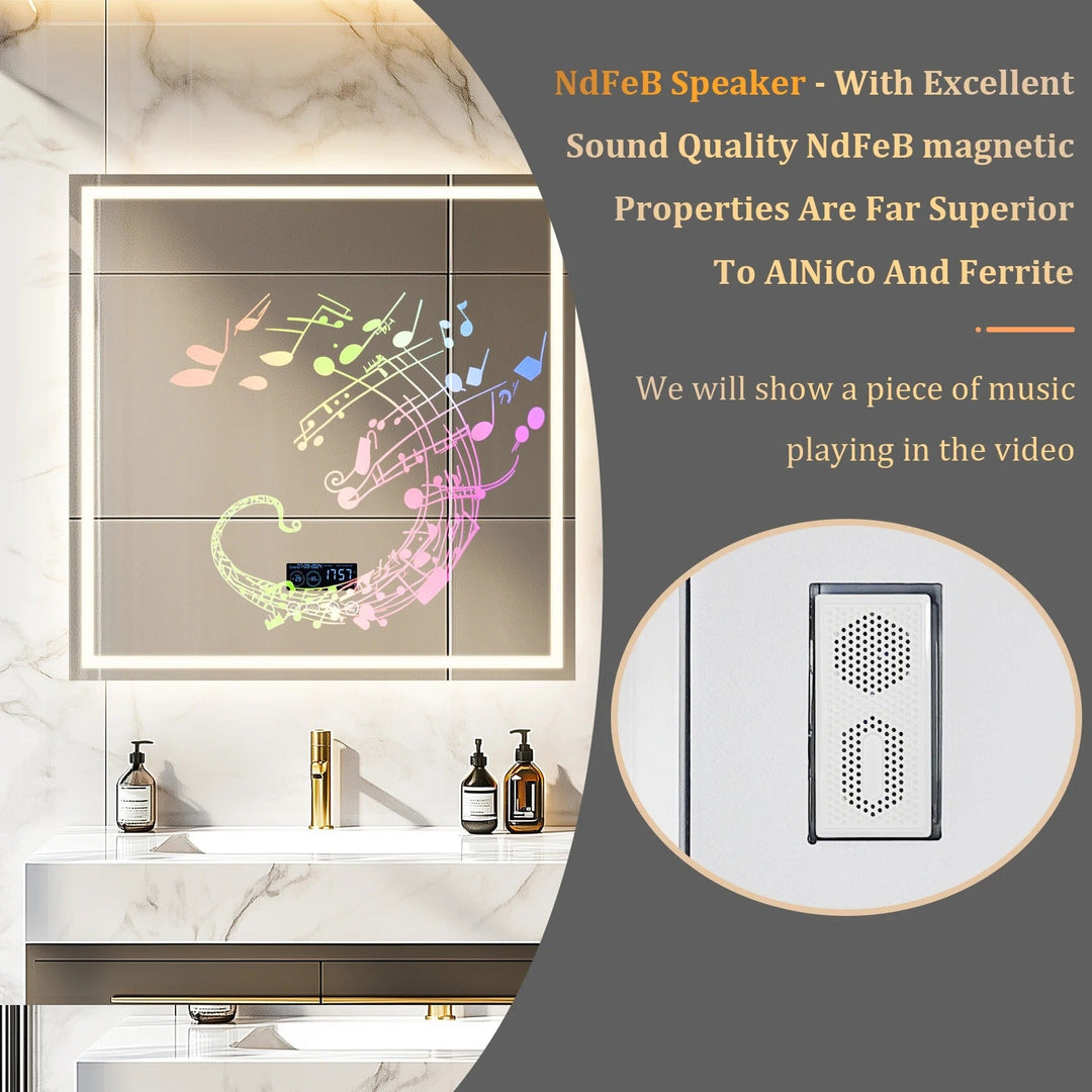 80cm Bathroom Mirror Square Lighted Bluetooth Speaker Dimmable Wall Temperature Time Display - Bathroom Mirror Anti - FogBathroomLux