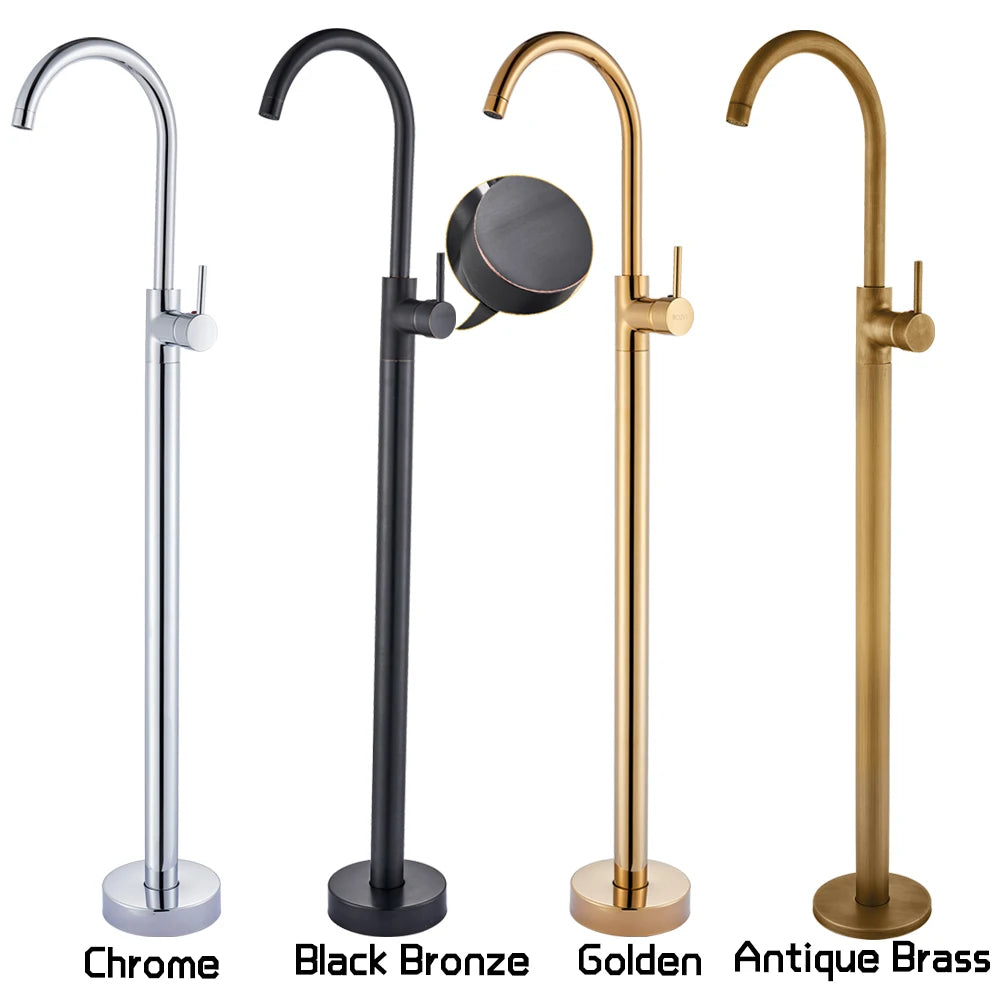 Freestanding Bath Shower Faucet Floor Mounted Mixer Tap with Rotate Spout In Gold