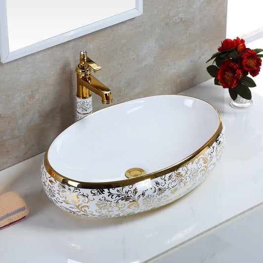 Gold Flower Design Art Ceramic Bathroom Sink Set