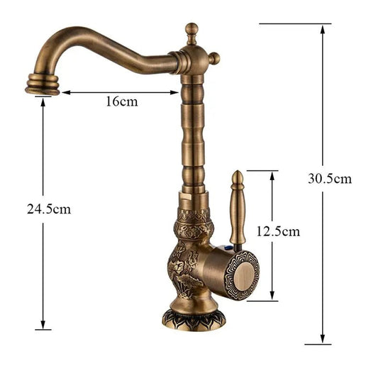 Antique Brass Basin Bathroom faucet Flower Carved Long Spout 360 Rotation Mixer Tap - Antique Brass Basin Bathroom faucetBathroomLux