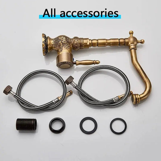 Antique Brass Basin Bathroom faucet Flower Carved Long Spout 360 Rotation Mixer Tap - Antique Brass Basin Bathroom faucetBathroomLux