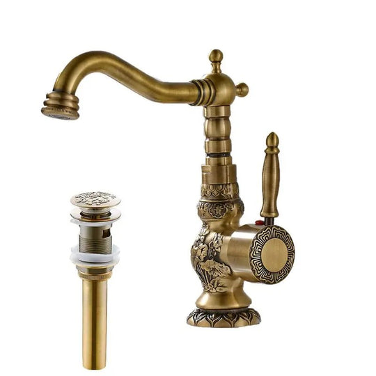 Antique Brass Basin Bathroom faucet Flower Carved Long Spout 360 Rotation Mixer Tap - Antique Brass Basin Bathroom faucetBathroomLux