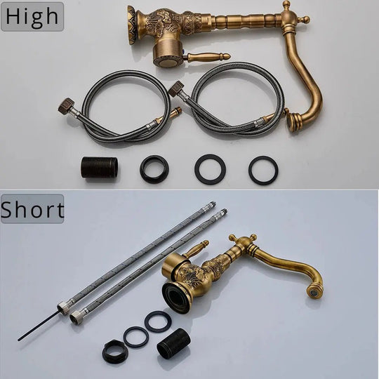 Antique Brass Basin Bathroom faucet Flower Carved Long Spout 360 Rotation Mixer Tap - Antique Brass Basin Bathroom faucetBathroomLux