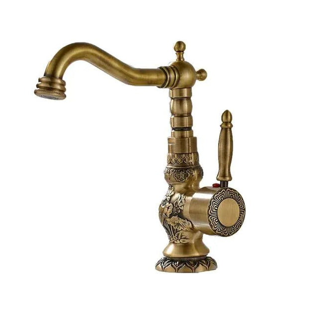 Antique Brass Basin Bathroom faucet Flower Carved Long Spout 360 Rotation Mixer Tap - Antique Brass Basin Bathroom faucetBathroomLux