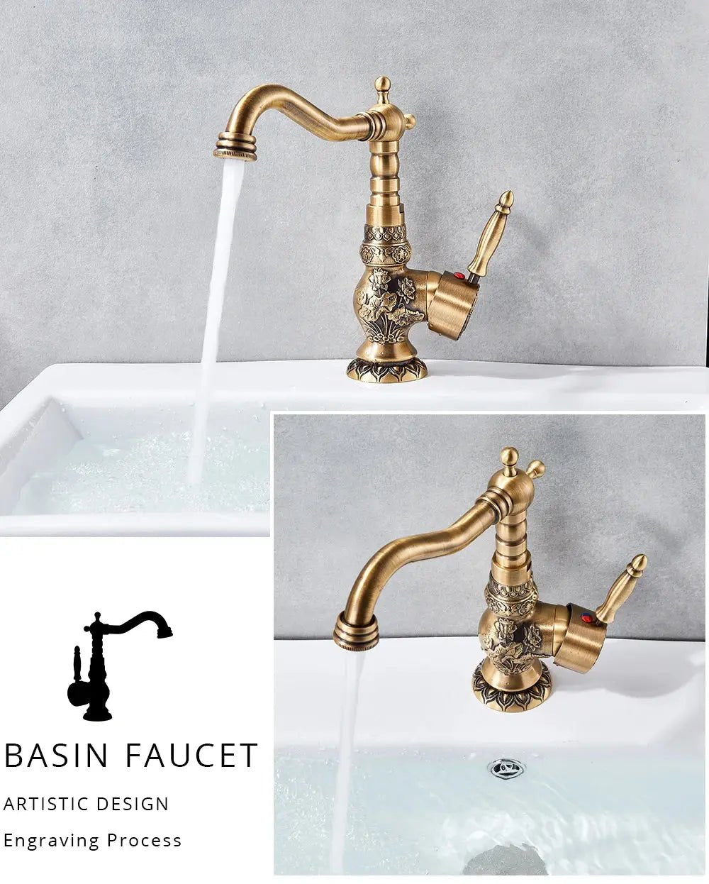 Antique Brass Basin Bathroom faucet Flower Carved Long Spout 360 Rotation Mixer Tap - Antique Brass Basin Bathroom faucetBathroomLux