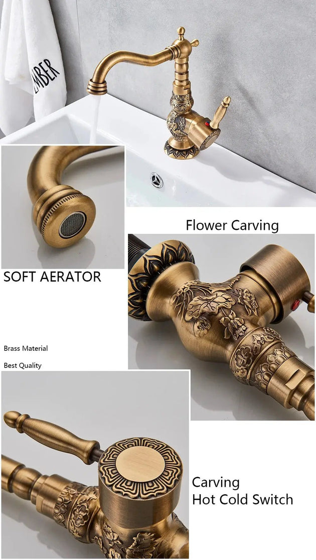 Antique Brass Basin Bathroom faucet Flower Carved Long Spout 360 Rotation Mixer Tap - Antique Brass Basin Bathroom faucetBathroomLux