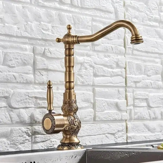 Antique Brass Basin Bathroom faucet Flower Carved Long Spout 360 Rotation Mixer Tap - Antique Brass Basin Bathroom faucetBathroomLux