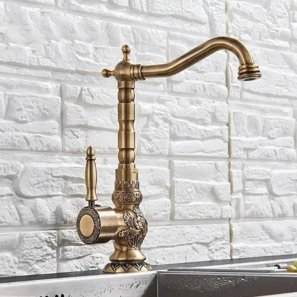 Antique Brass Basin Bathroom faucet Flower Carved Long Spout 360 Rotation Mixer Tap - Antique Brass Basin Bathroom faucetBathroomLux