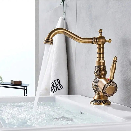 Antique Brass Basin Bathroom faucet Flower Carved Long Spout 360 Rotation Mixer Tap - Antique Brass Basin Bathroom faucetBathroomLux