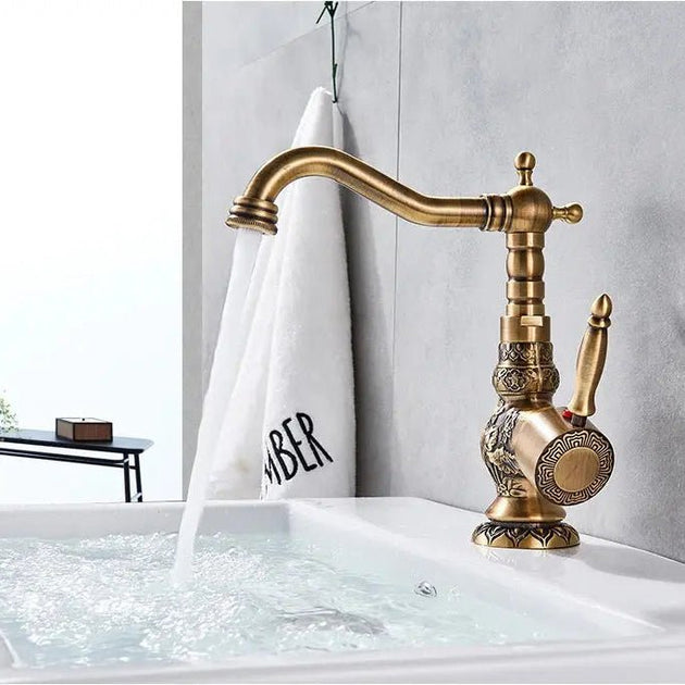 Antique Brass Basin Bathroom faucet Flower Carved Long Spout 360 Rotation Mixer Tap - Antique Brass Basin Bathroom faucetBathroomLux