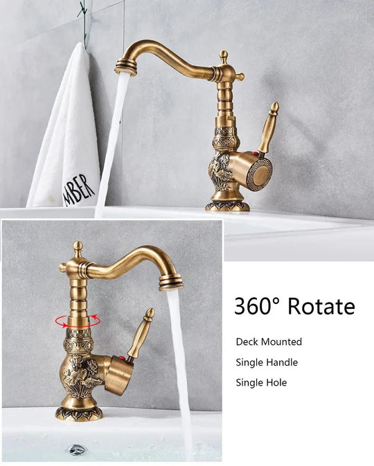 Antique Brass Basin Bathroom faucet Flower Carved Long Spout 360 Rotation Mixer Tap - Antique Brass Basin Bathroom faucetBathroomLux