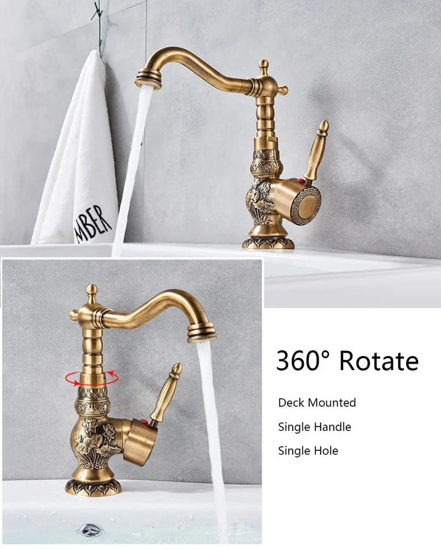 Antique Brass Basin Bathroom faucet Flower Carved Long Spout 360 Rotation Mixer Tap - Antique Brass Basin Bathroom faucetBathroomLux