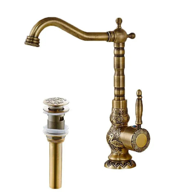 Antique Brass Basin Bathroom faucet Flower Carved Long Spout 360 Rotation Mixer Tap - Antique Brass Basin Bathroom faucetBathroomLux