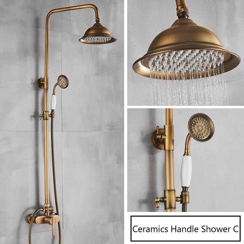 Antique Brass Rainfall Shower Set Wall - Mounted Mixer With Handshower - bathroom, showers, thermostaticBathroomLux