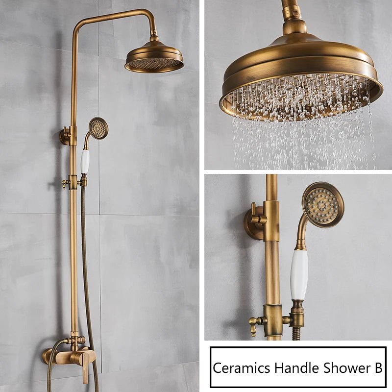 Antique Brass Rainfall Shower Set Wall - Mounted Mixer With Handshower - bathroom, showers, thermostaticBathroomLux