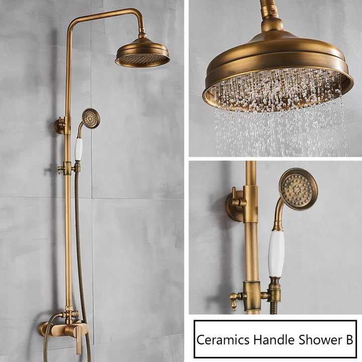 Antique Brass Rainfall Shower Set Wall - Mounted Mixer With Handshower - bathroom, showers, thermostaticBathroomLux