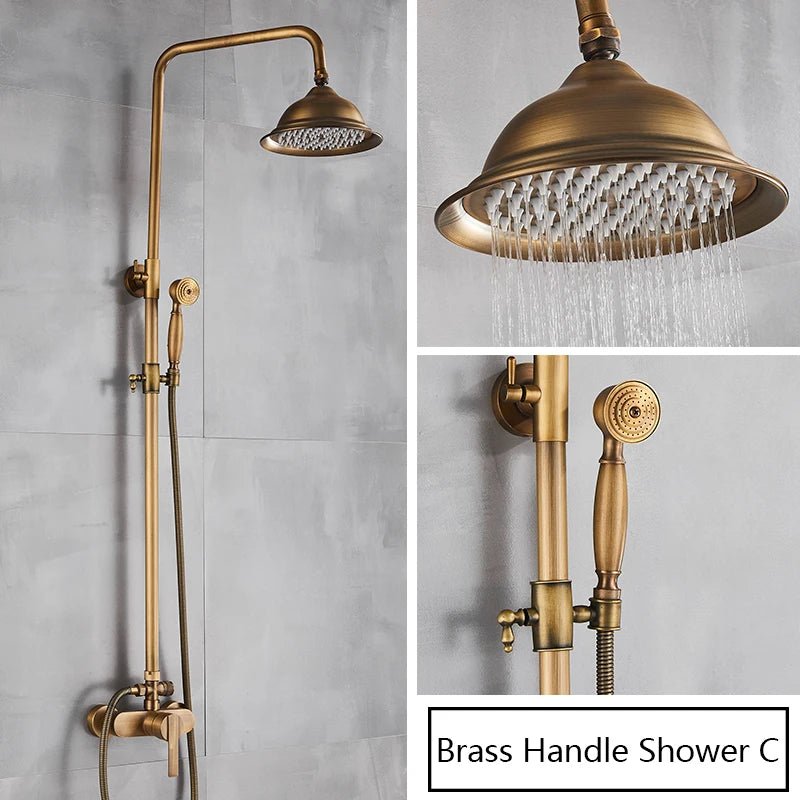 Antique Brass Rainfall Shower Set Wall - Mounted Mixer With Handshower - bathroom, showers, thermostaticBathroomLux