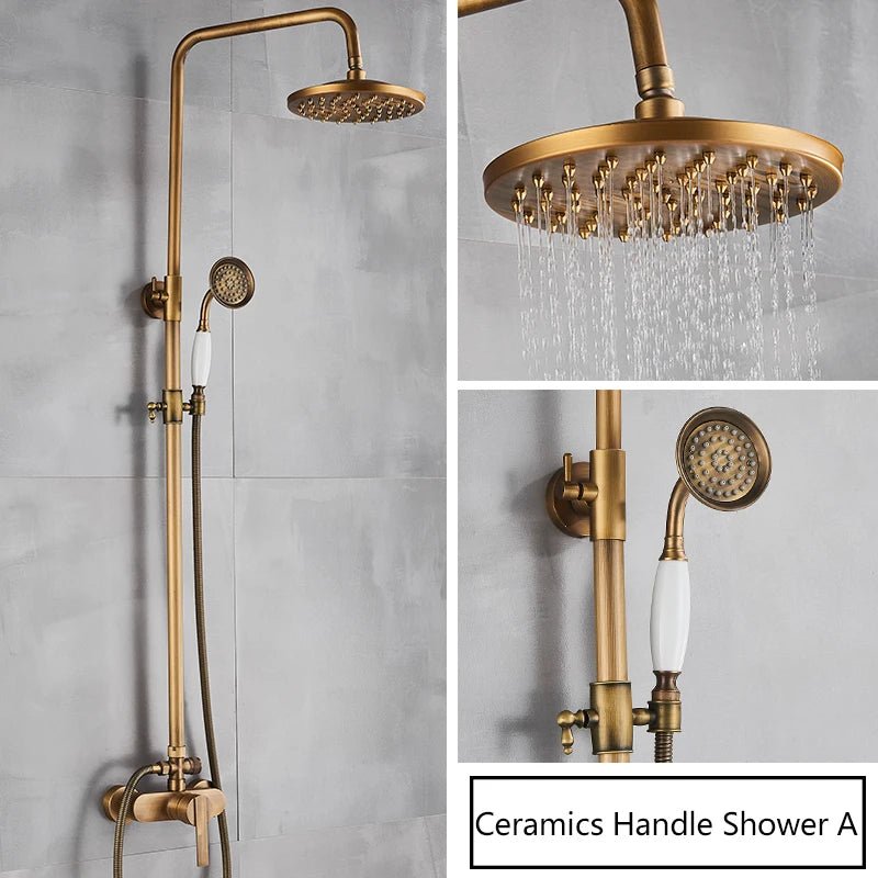 Antique Brass Rainfall Shower Set Wall - Mounted Mixer With Handshower - bathroom, showers, thermostaticBathroomLux