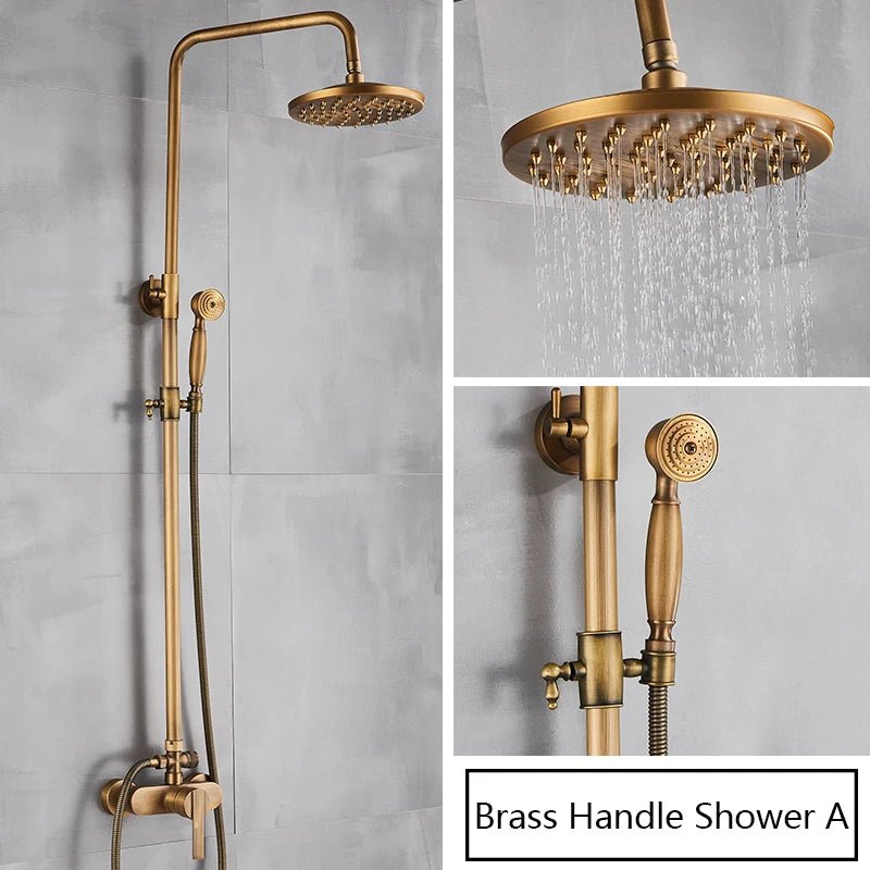 Antique Brass Rainfall Shower Set Wall - Mounted Mixer With Handshower - bathroom, showers, thermostaticBathroomLux